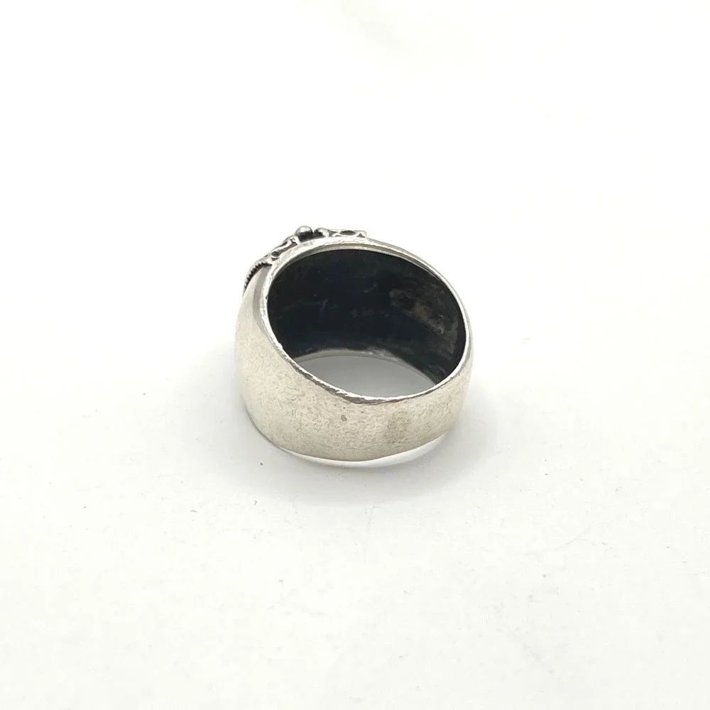 Sterling Silver 925 Balinese Scroll Beaded Wide Cigar Band Statement Ring Size 7